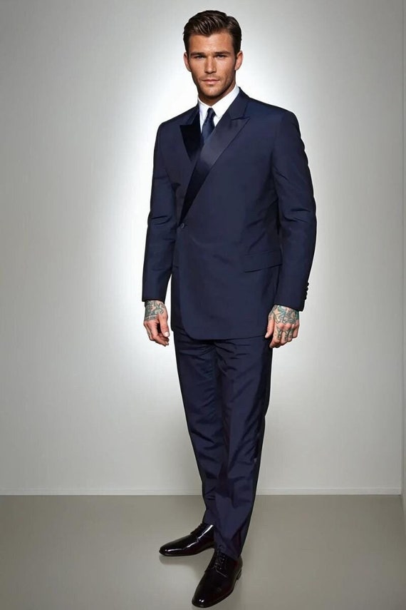 Men Double Breasted Tuxedo Navy Blue Two Piece Suit Business