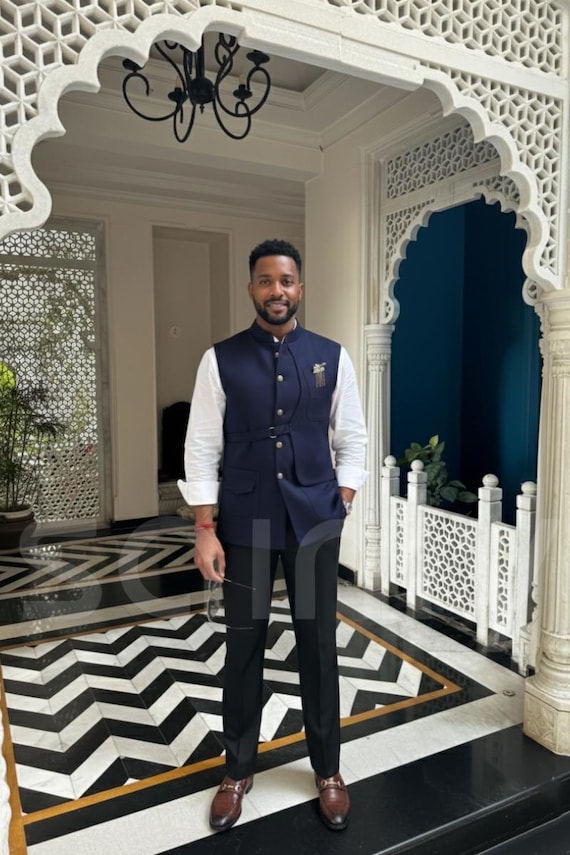 formal dress with nehru jacket Men Navy Blue – Traditional Indian Wedding, Reception and Engagement Outfit V-Neck Slip Dress Bottle Green