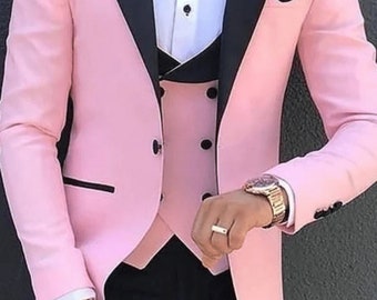 ピンクのメンズ3ピーススーツ：スリムフィットウェディングタキシード