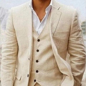 Men Linen Beige Suit Three Piece Beige suit Wedding Suit Dinner Suit Slim Fit Suit Beach Suit Groomsmen Prom Wear Beige Linen Formal Suits