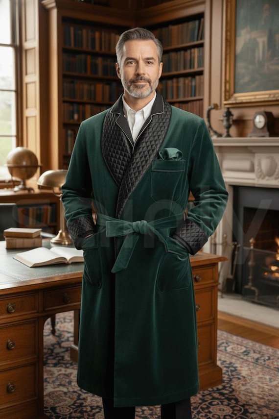 Emerald Green Velvet Robe for Men, Quilted Lapel, Luxury Loungewear