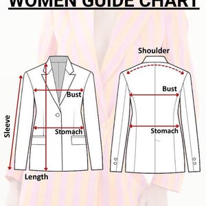 May include: A women's guide chart with diagrams illustrating jacket measurements. The diagram shows front and back views, labeling sleeve, length, bust, and stomach measurements. The text "WOMEN GUIDE CHART" is at the top.