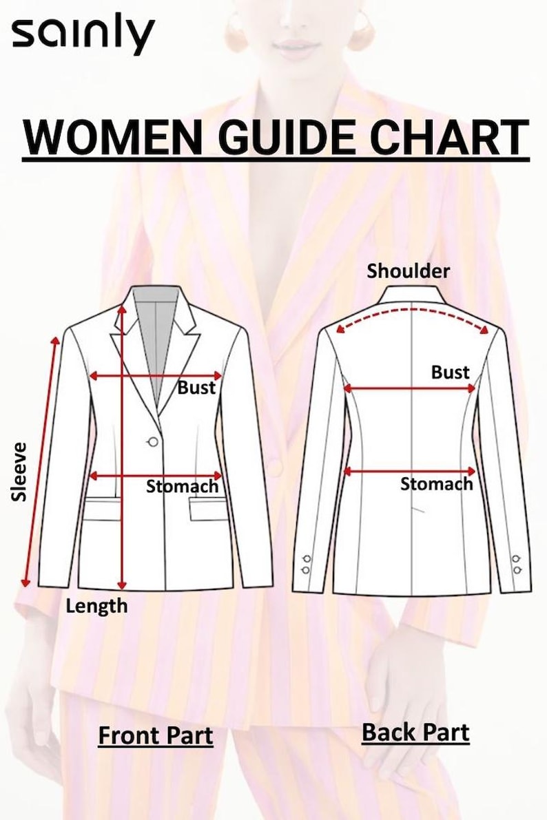 May include: A women's guide chart with diagrams illustrating jacket measurements. The diagram shows front and back views, labeling sleeve, length, bust, and stomach measurements. The text "WOMEN GUIDE CHART" is at the top.