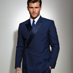 Men Double Breasted Tuxedo Navy Blue Blazer Stylish Evening Dinner Parties Jacket Perfect For Valentine Day Gift For Him