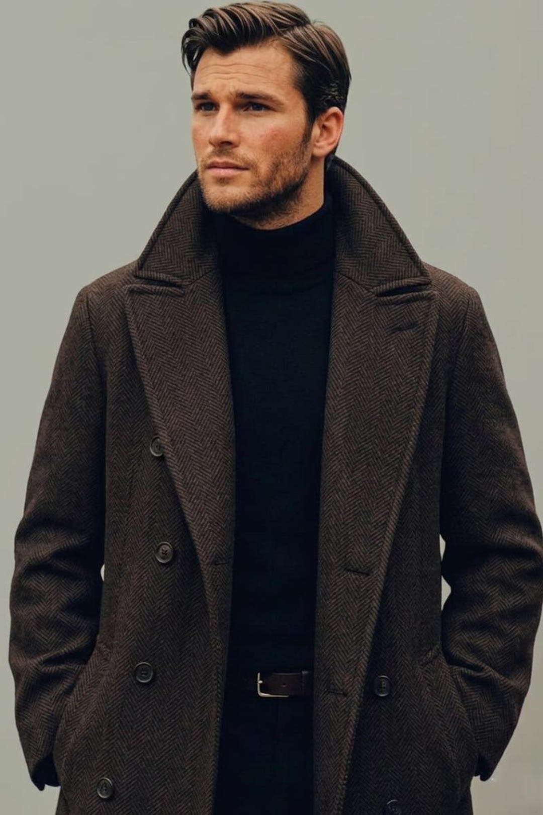 Men Herringbone Coffee Brown Double Breasted Long Coat Tweed