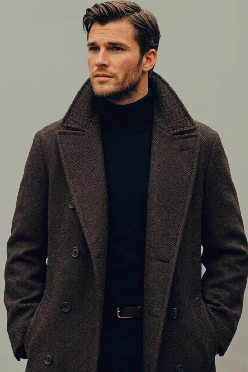 Men Herringbone Coffee Brown Double Breasted Long Coat Tweed