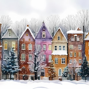 5 maisons de Noël dans la neige, cartes de voeux,