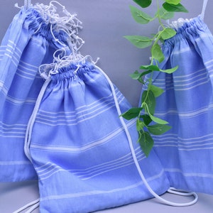 vacation bag, beach backpack, summer bag, multi purpose bag, travel bag, weekender bag, pool bag, 12 x 16 inch cotton bag, baby blue, Sltn