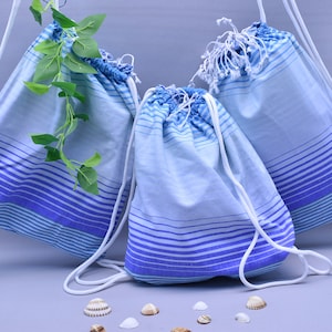 multi purpose bag, beach bag, towel and bag, travel bag, organic cotton backpack, vacation bag, 12 x 16 inch towel backpack, blue Shdw Rnkl