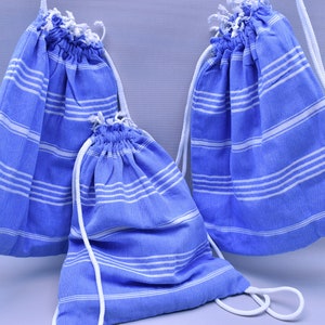 bag and towel, beach backpack, summer bag, multi purpose bag, organic cotton bag, weekender bag, 12 x 16 inch towel backpack, azure, Sltn