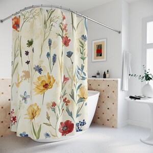 Watercolor Floral Shower Curtains, Wildflower Shower Curtain, Botanical Shower Curtain, Cottagecore Shower Curtain, Whimsical Bath Decor