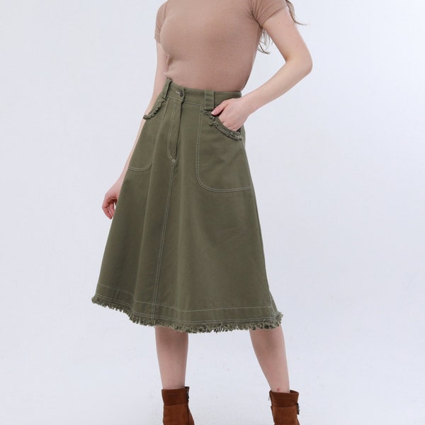 Khaki Midi Skirt with Tassel Trim - 100% Cotton | Handmade | High-Waisted | Pockets | Spring