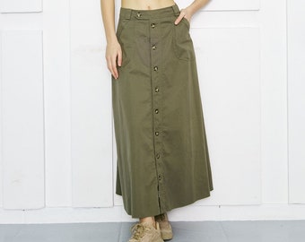 High-Waisted Khaki Button-Front Long Skirt with Pockets (S-XL)