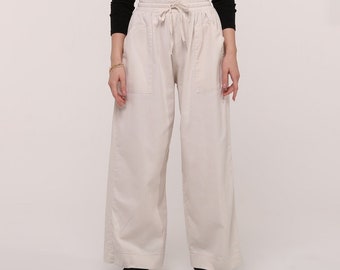 High-Waisted Palazzo Pants with Pockets in 100% Cotton Beige