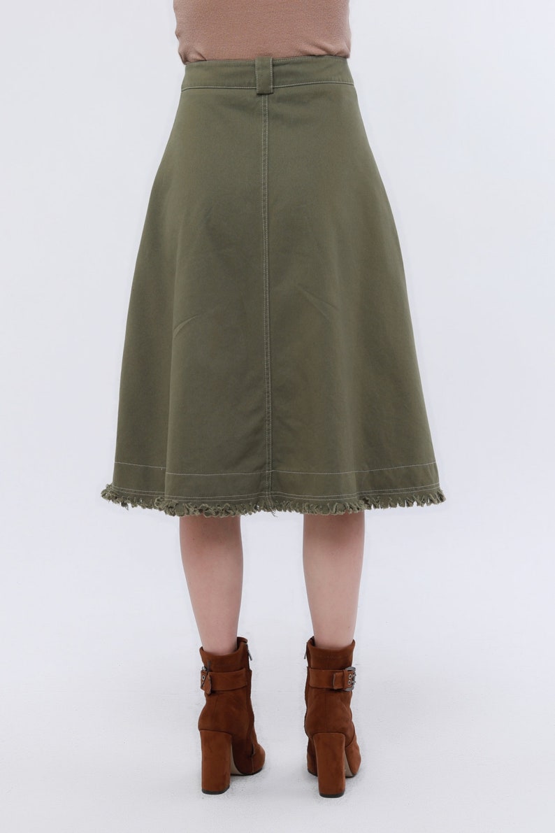 Khaki Midi Skirt With Tassel Trim 100% Cotton Handmade High-waisted