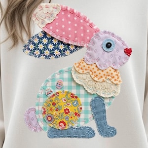 Patchwork Easter Bunny PNG: Scrappy Quilt Rabbit Sublimation Design for Spring Shirts Halftone DTF