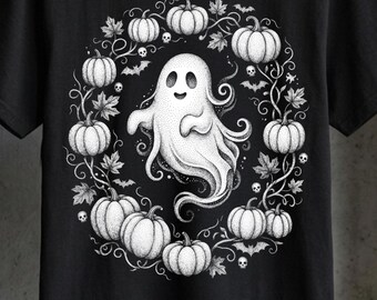 Halloween Ghost Pumpkin PNG Stipple Art Halftone Shirt Design (Digital Download)
