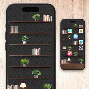 Papel de parede para iPhone 17 Pro com tema de estante de livros no Modo Escuro: Livros e Plantas (Download Digital)