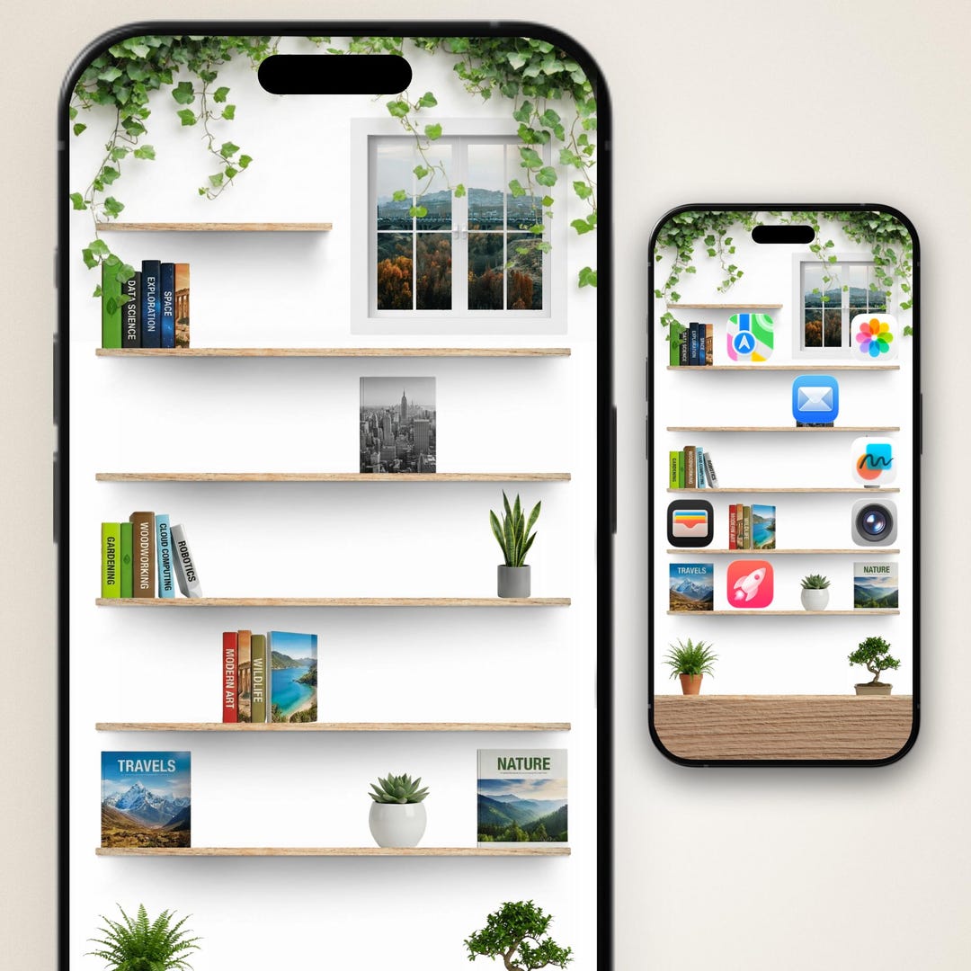 Bookshelf Wallpaper iPhone Background: Library, Plants, Vintage Books ...
