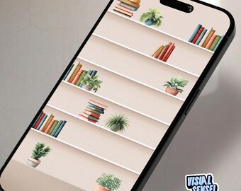 iPhone Bookshelf Wallpaper: Books and Plants (Digital Download)