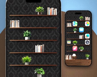Dark Mode Bookshelf iPhone 17 pro Wallpaper: Books & Plants (Digital Download)
