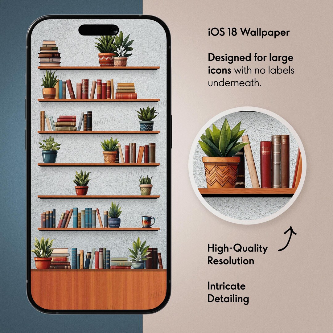 Bookshelf With Books and Plants Wallpaper for iPhone Ios 18 Large Icons ...