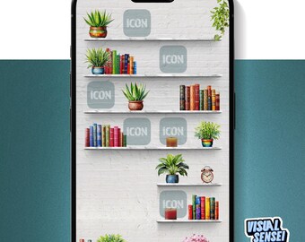 Cozy Bookshelf iPhone Wallpaper: Books & Plants (Digital Download)
