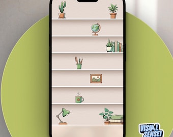 iPhone 17 pro Bookshelf Wallpaper: Books and Plants (PNG Digital Download)