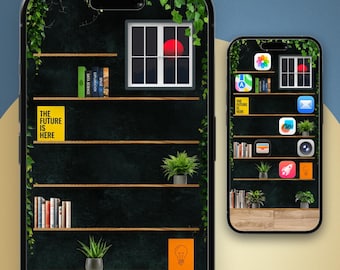 iPhone 17 pro Bookshelf Wallpaper: Books & Plants (Digital Download)