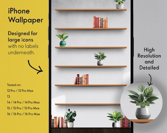 iPhone Bookshelf Wallpaper: Books and Plants (Digital Download)