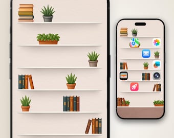 iPhone 17 pro Bookshelf Wallpaper: Books and Plants (Digital Download)