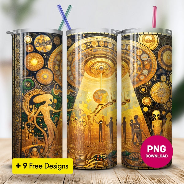 UFO Tumbler wrap: Digital Download, Png Sublimation 20oz Straight Tumbler, Alien Flying Saucer, Klimt