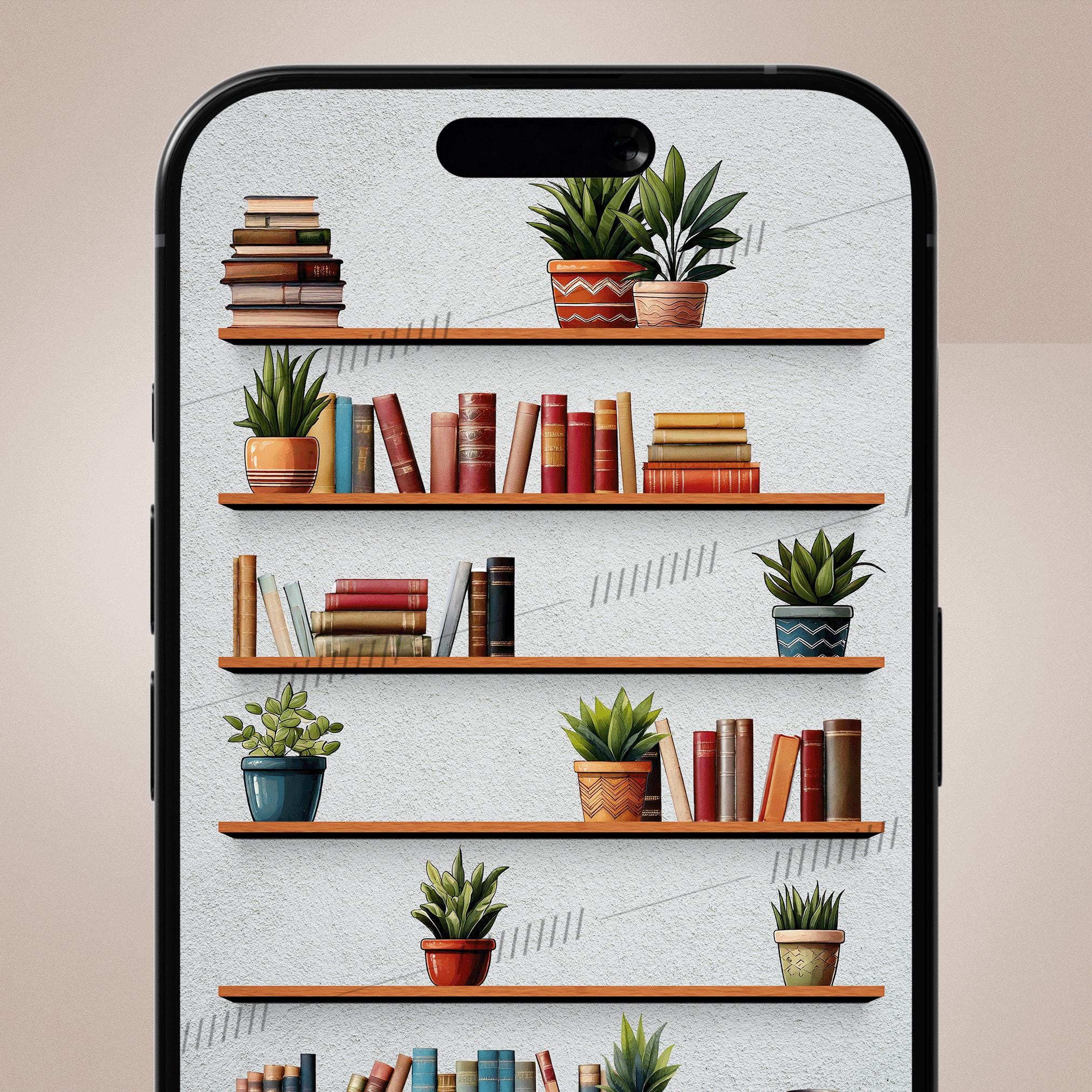 Bookshelf With Books and Plants Wallpaper for iPhone Ios 18 Large Icons ...