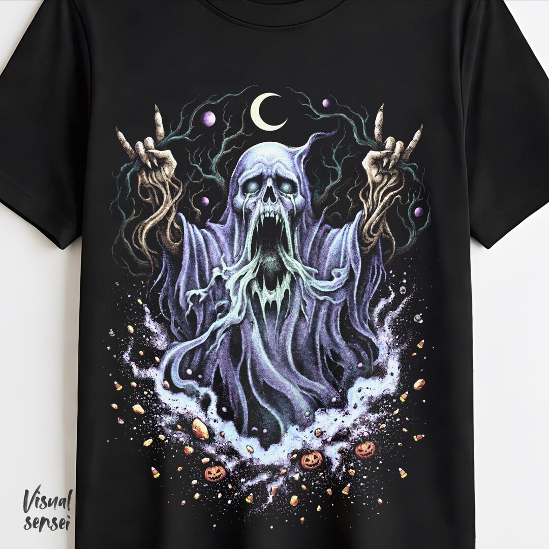Cute Ghost Rocker Sign Scary Ghost Rocker Shirt Design Funny Halloween PNG DTG Halftone ...