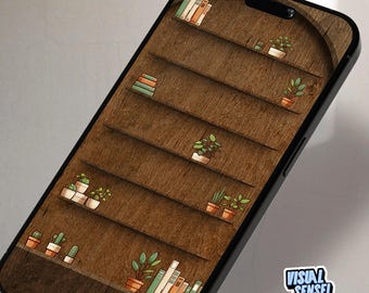 iPhone Bookshelf Wallpaper: Books and Plants (Digital Download)