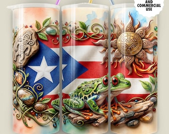 Puerto Rico Flag Coqui Frog Tumbler Wrap PNG Island Heritage 20oz Sublimation (Digital Download)