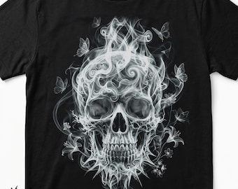 Calavera de humo PNG Semitono DTG DTF – Camiseta gótica de esqueleto y mariposa – Arte oscuro más vendido