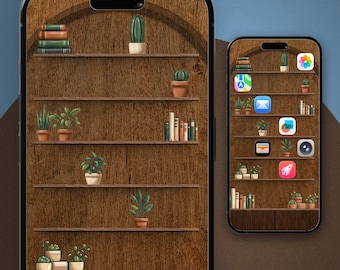 iPhone 17 pro Bookshelf Wallpaper: Books and Plants (Digital Download)