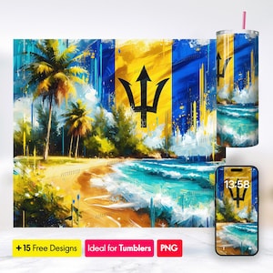 Tumbler Wrap e sfondo per iPhone ispirati alla bandiera delle Barbados - Download digitale Caribbean Island Pride, design audace e vibrante