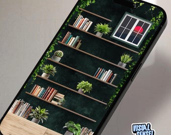 iPhoneBookshelf Wallpaper: Books & Plants (Digital Download)