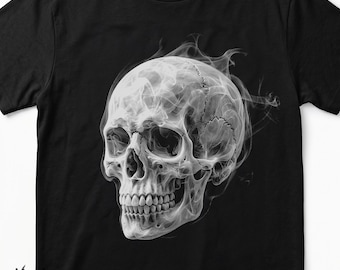 Diseño de camiseta de heavy metal con calavera fumando en formato PNG con semitonos y estilo gótico (descarga digital).