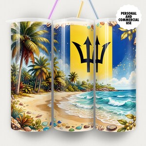 Könnte beinhalten: Drei isolierte Becher mit Strohhalmen, die jeweils eine andere tropische Strandszene zeigen. Einer zeigt Palmen, ein anderer die Flagge von Barbados und der dritte einen Strand mit türkisfarbenem Wasser. Die Becher sind in leuchtenden Farben dekoriert.