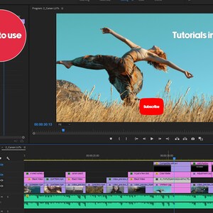 May include: A screenshot of a video editing software program with a video preview of a woman jumping in a field. The video is titled "Tutorials included" and has a red button that says "Subscribe". The software interface shows a timeline with various video clips and a red button that says "Pop".