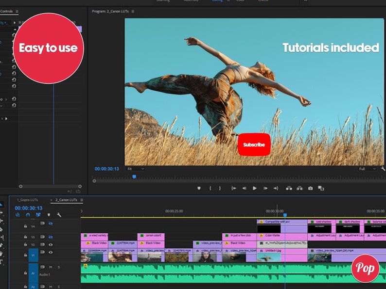 May include: A screenshot of a video editing software program with a video preview of a woman jumping in a field. The video is titled "Tutorials included" and has a red button that says "Subscribe". The software interface shows a timeline with various video clips and a red button that says "Pop".