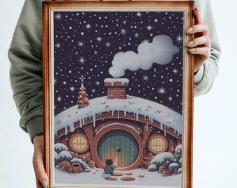 Winter Hobbit Hole Print, Lord of the Rings Christmas Art (Digital Download)