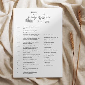 May include: A printable worksheet with a black and white illustration of a rabbit reading a book. The worksheet is titled "Match the Storybook Quote" and includes a list of quotes from popular children's books and a list of the books the quotes are from.