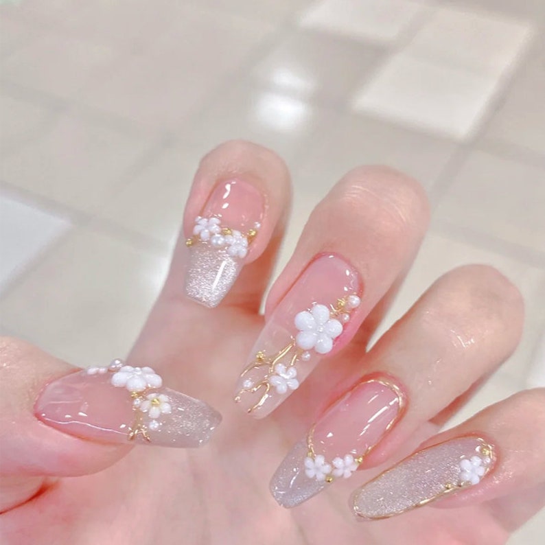 Reusable Pretty 3D Flower Pink Press On Nails  Press On image 1