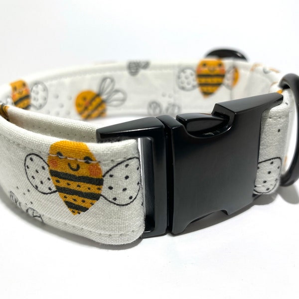 Happy Bees Dog Collar, Pet Collar, Whimsical, Cute Collar, Handmade, Adjustable, Metal and Plastic Hardware, Made to order