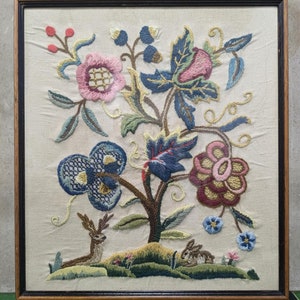 Vintage 1920s Crewel Hand Embroidered - Arts and Crafts Tree of Life - Jacobean Style Embroidery - Cottage Art - Antique Embroidery