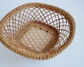 Vintage 1970s Rattan Bowl Basket Storage For Trinkets Natural Home Handmade Woven Grass